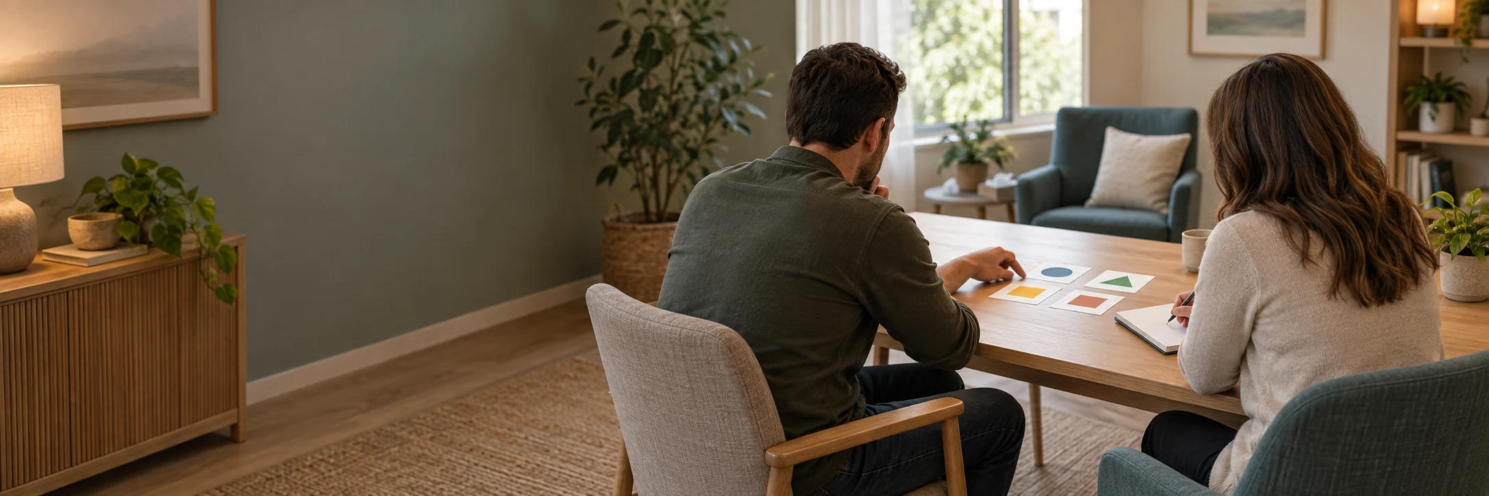 Clinician and client viewed from behind at an assessment table in a welcoming office